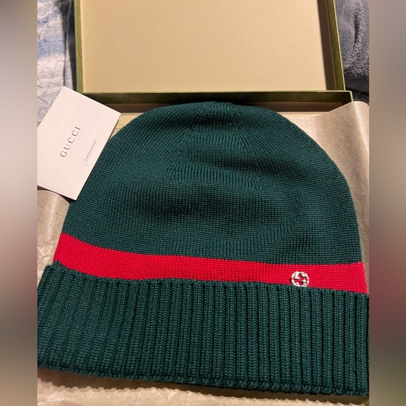 NWT Gucci Knit Wool Green/Red Beanie Hat Unisex Size Medium (58 cm) Item 494598 - Picture 1 of 8